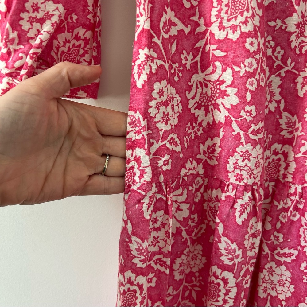 J. McLaughlin Pink Floral Cunningham Elbow Sleeve Linen V Neck Boho Maxi Dress M - Picture 5 of 11